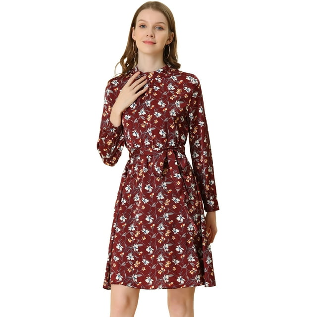 INSPIRE CHIC Robe à Manches Longues pour Femme, Florale, Évasée, à Nouer à la Taille, Col Smock