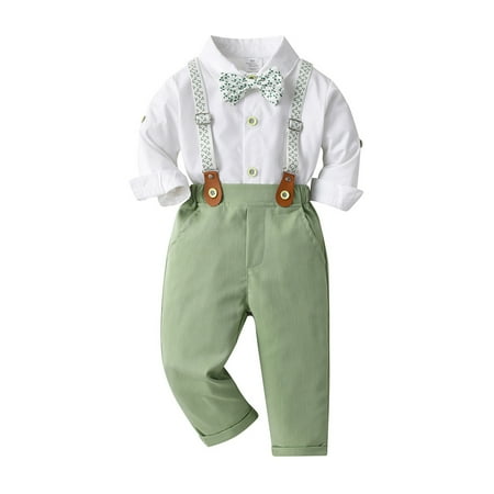 

WREESH Kids Boy Jumpsuit Overalls Gentleman White Shirt Bowtie Tuxedo Suspender Pants Suits Casual British Long Sleeve Romper Green