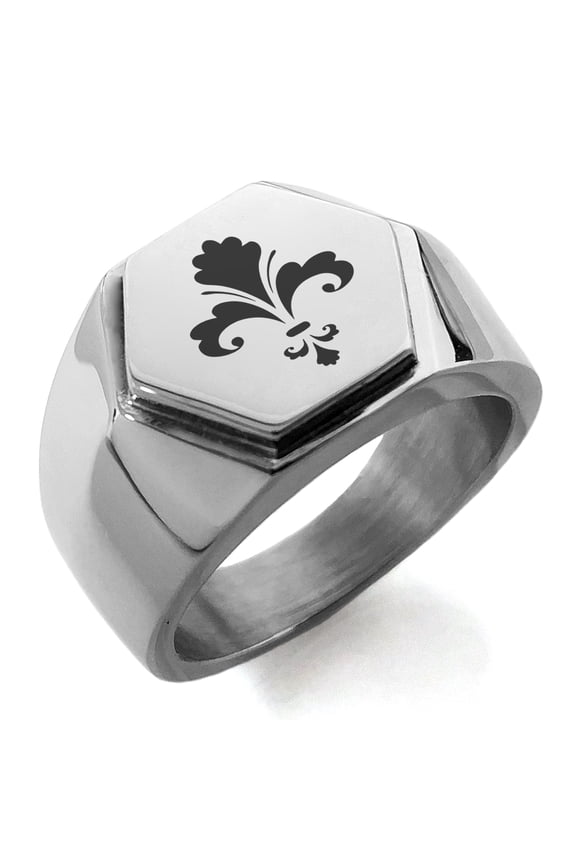 Stainless Steel Floral Fleur De Lis Engraved Hexagon Crest Flat Top Biker Style Polished Ring