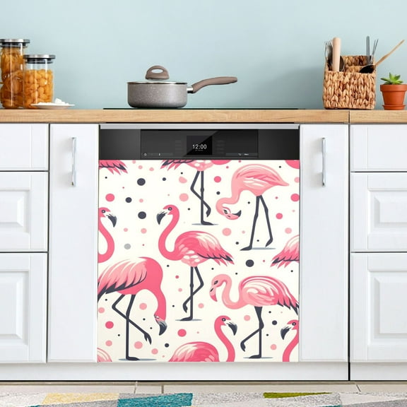 Flamingos with Polka Dot Dishwasher Magnet Cover Magnetic Fridge Door Cover Home Kitchen Decor 23"x 26"