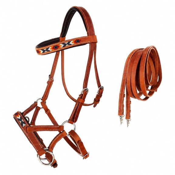 Horse Western Padded Leather Beaded Bitless Sidepull Bridle 77RT20TN-F