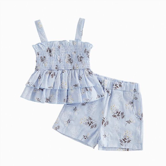Baby Girl Summer Short Set Baby Girl Summer Outfit Floral Print Ruffle Smocked Top & Shorts 2-Piece Soft Clothing Set
