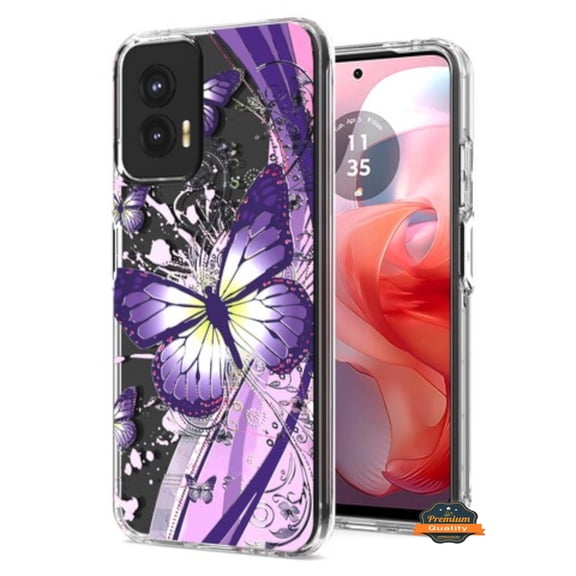 For Motorola Moto G Power 5G 2025 Hybrid Clear Frame with Trendy Pattern Design, Shockproof Hard Back & TPU Rubber Screen Cover by Xpression - Purple Butterfly