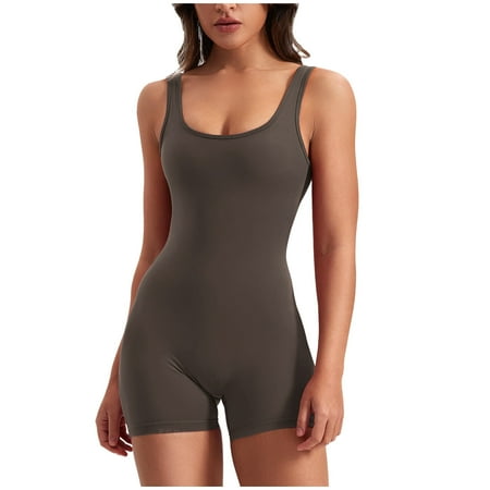 Summer Savings Clearance 2025! Antqov Plus Size Jumpsuits for Women Summer Rompers for Womens Womens Sexy Bodysuit Backless V Back Scrunch Stretch Shorts Jumpsuit Rompers Brown S
