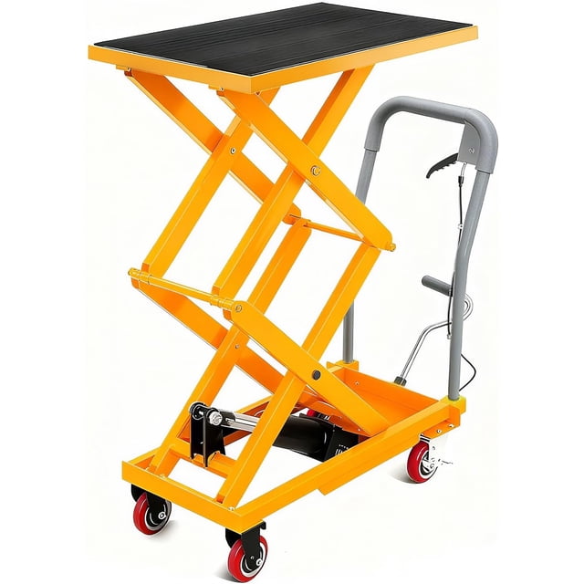 Hydraulic Lift Table Cart 330 lbs Capacity 50 In Double Scissor Lift Table with Locking Wheels and Non-Slip Platform for Material Handling Yellow