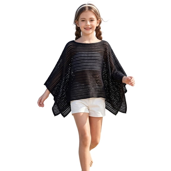 Girls Knit Crochet Mesh Swim Cover Up, Lightweight Hollow Out Beach Poncho Cardigan for Summer