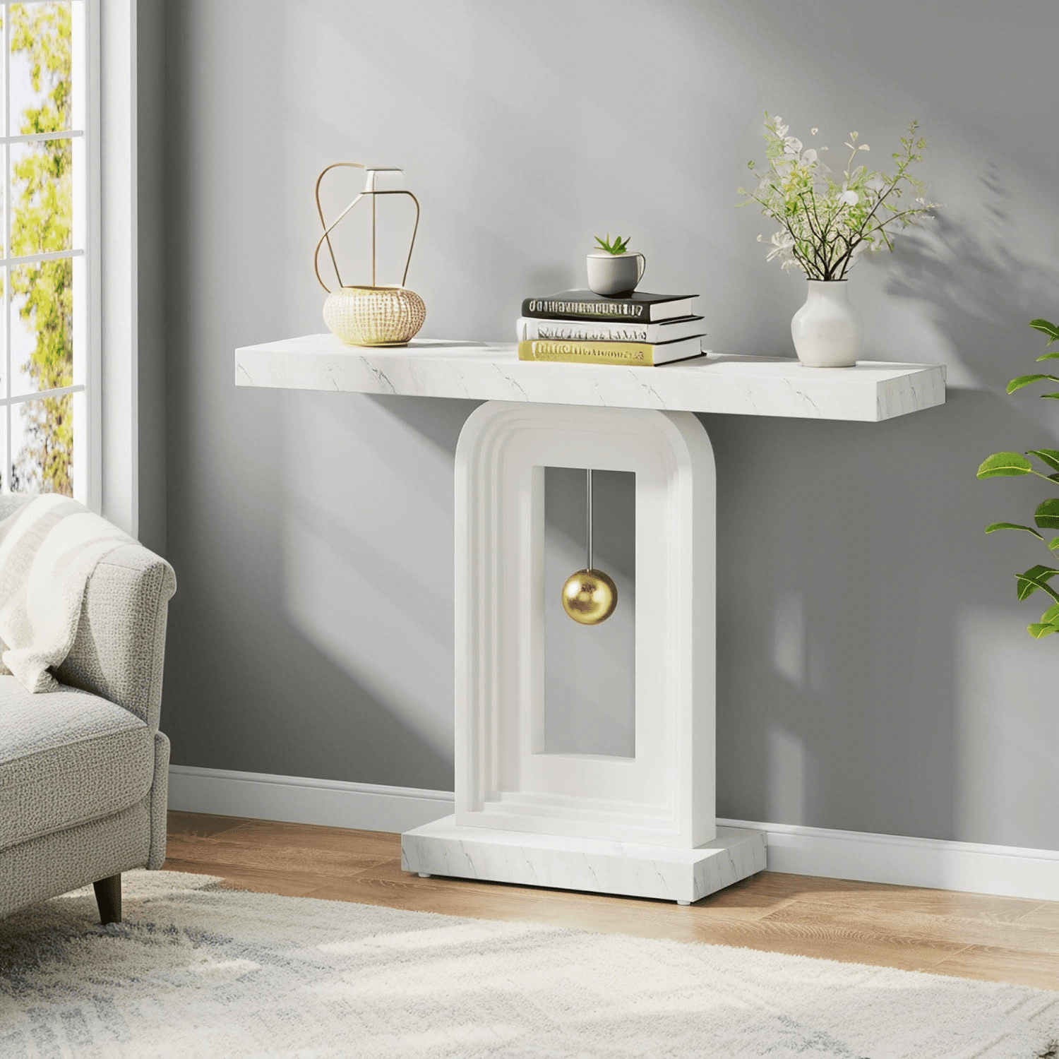 Tribesigns Modern Console Table, 40 Inches Narrow Sofa Entryway Table, Contemporary Wood Accent Table for Living Room Entrance, Faux Marble White