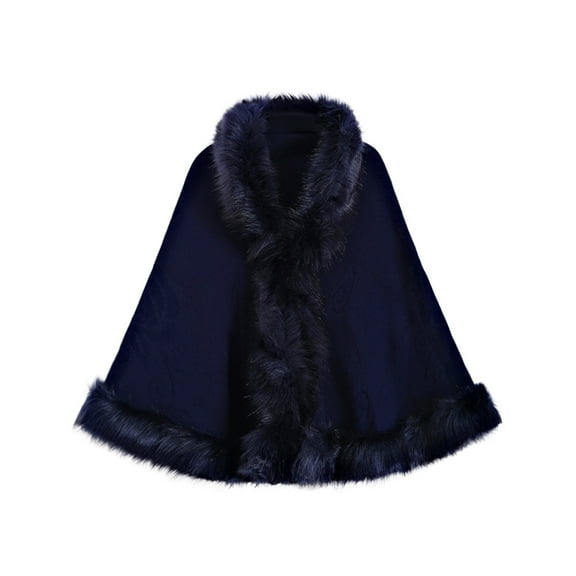 WonderWiz Women's Oversize Knit Cape Coat Winter Warm Poncho Faux Fur Collar Shawl Wrap Cardigan Cloak for Wedding Gifts Navy One Size