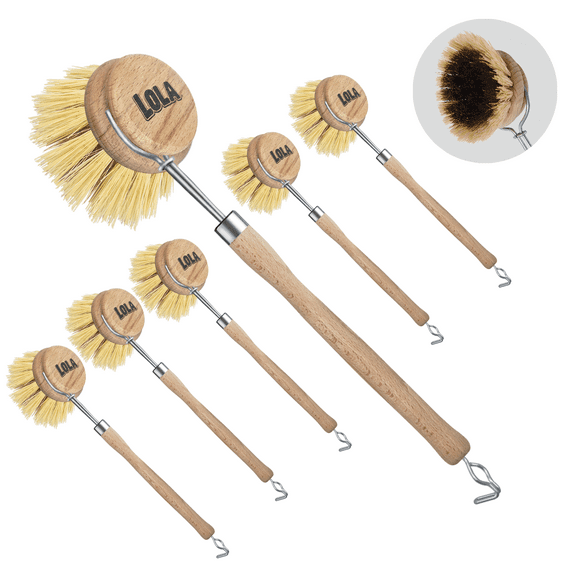 LOLA The Original Pot & Pan Brush W/ Wood Handle, Eco-Friendly, Fiber Bristles - 6 CT