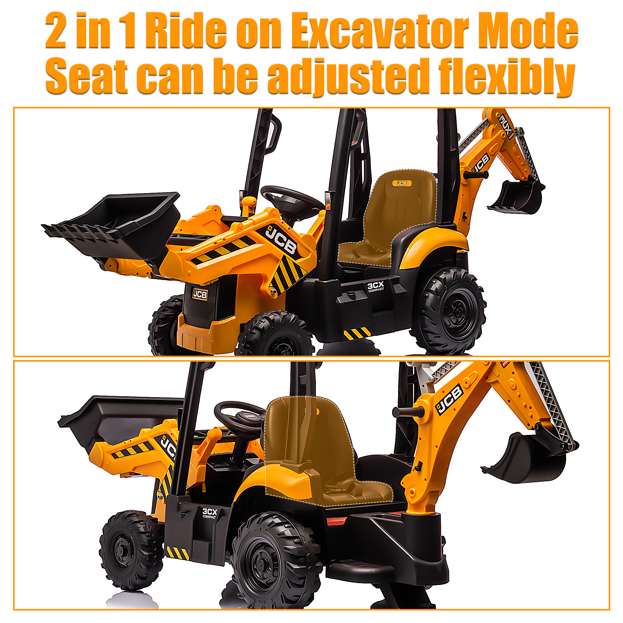 JCB 12V Ride on Excavator Digger, 4in1 Kids Ride on Toy with Remote Control, Powered Electric Construction Tractor for 3-6 Years Old Boys Girls Toddlers, Ajustable Front and Back Loader, Yellow - image 5 of 10