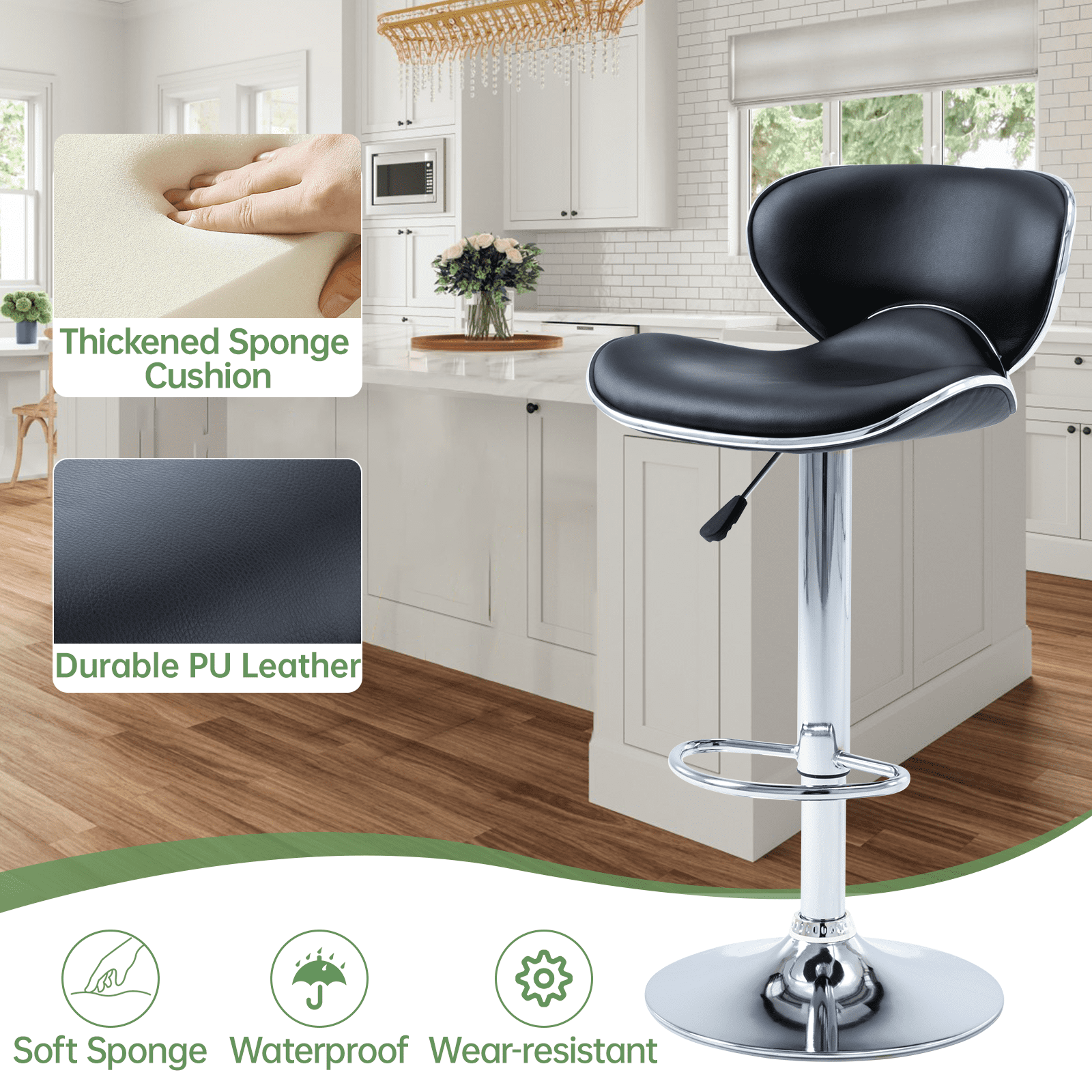 Bar Stools Set of 2, Adjustable Swivel Barstools, Modern PU Leather Counter Height Stools with Back and Footrest for Island, Dining, Bistro, Pub (Black/Silver Base)