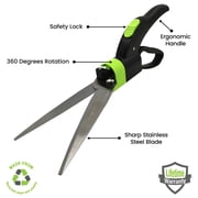 Garden Guru Hand Grass Clipper Scissors 360 Degree Rotatable Cutter Head - Ultra Sharp Stainless Steel Grass Shears - Comfort Grip Handles - Perfect for Edging Lawn, Trimming Shrubs & Flowers