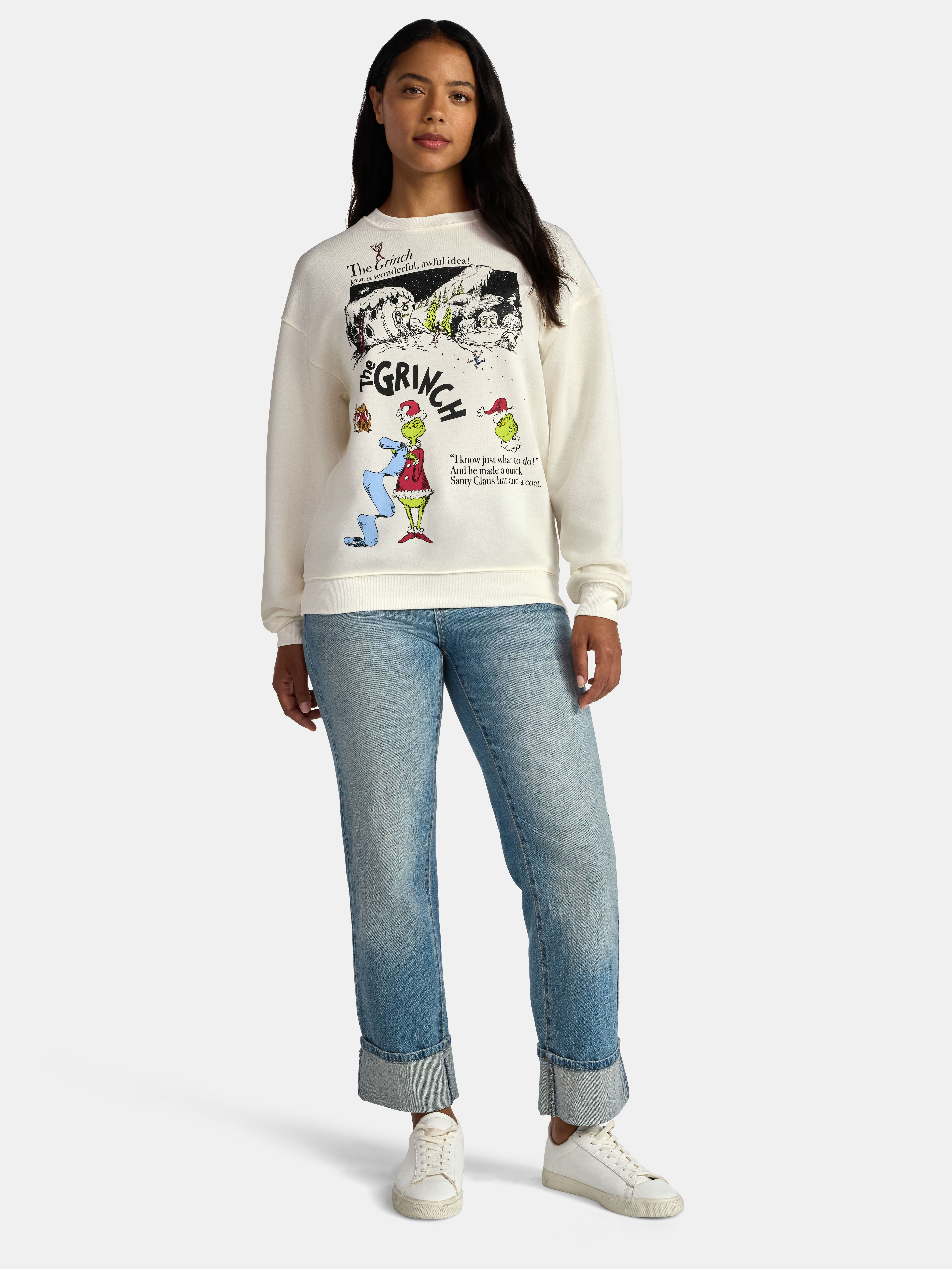 The Grinch Women's Front Back Whoville Graphic Fleece Sweatshirt with Long Sleeves, Sizes XXS-XXL