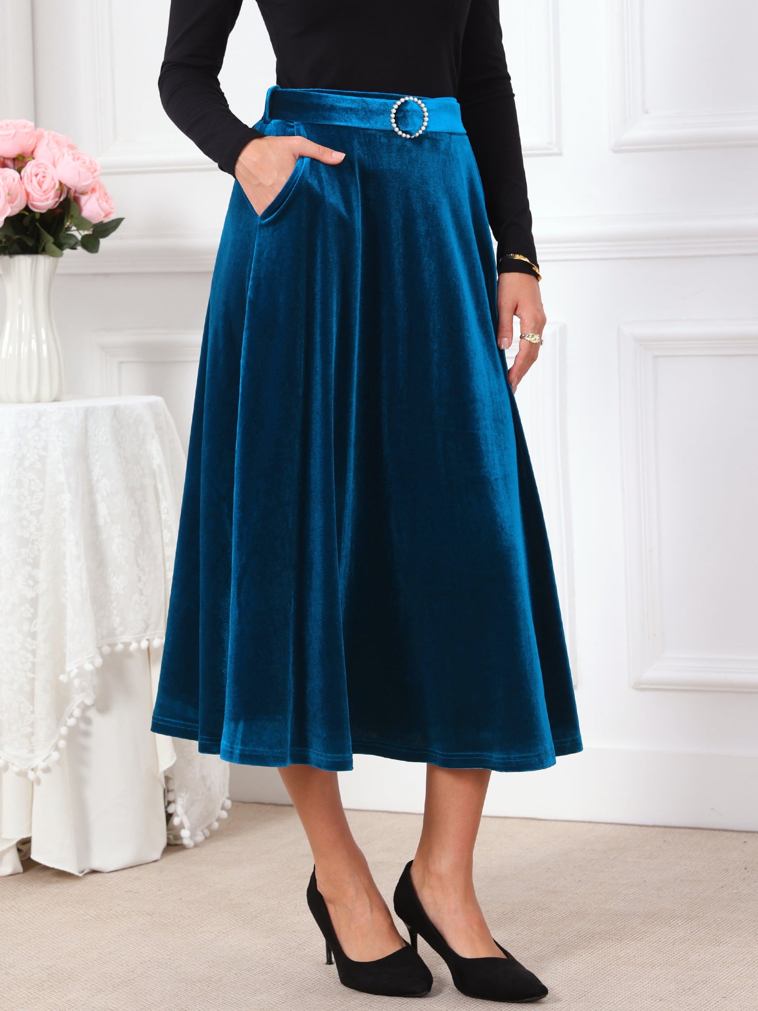 DARING DIVA Women's Velvet Long High Waist Elegant Cocktail Skirt S Blue Green