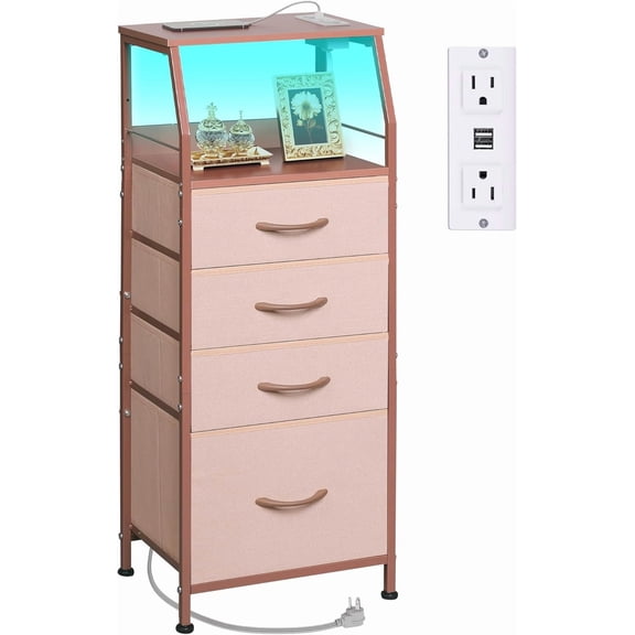 Chenshuoo 4 Drawer Dresser for Bedroom, 37" H Nightstand with Charging Station and Led Light, Tall Night Stand Bed Side Table, End Table with USB Ports and Outlets, Fabric Bins, Wood Shelf, Pink