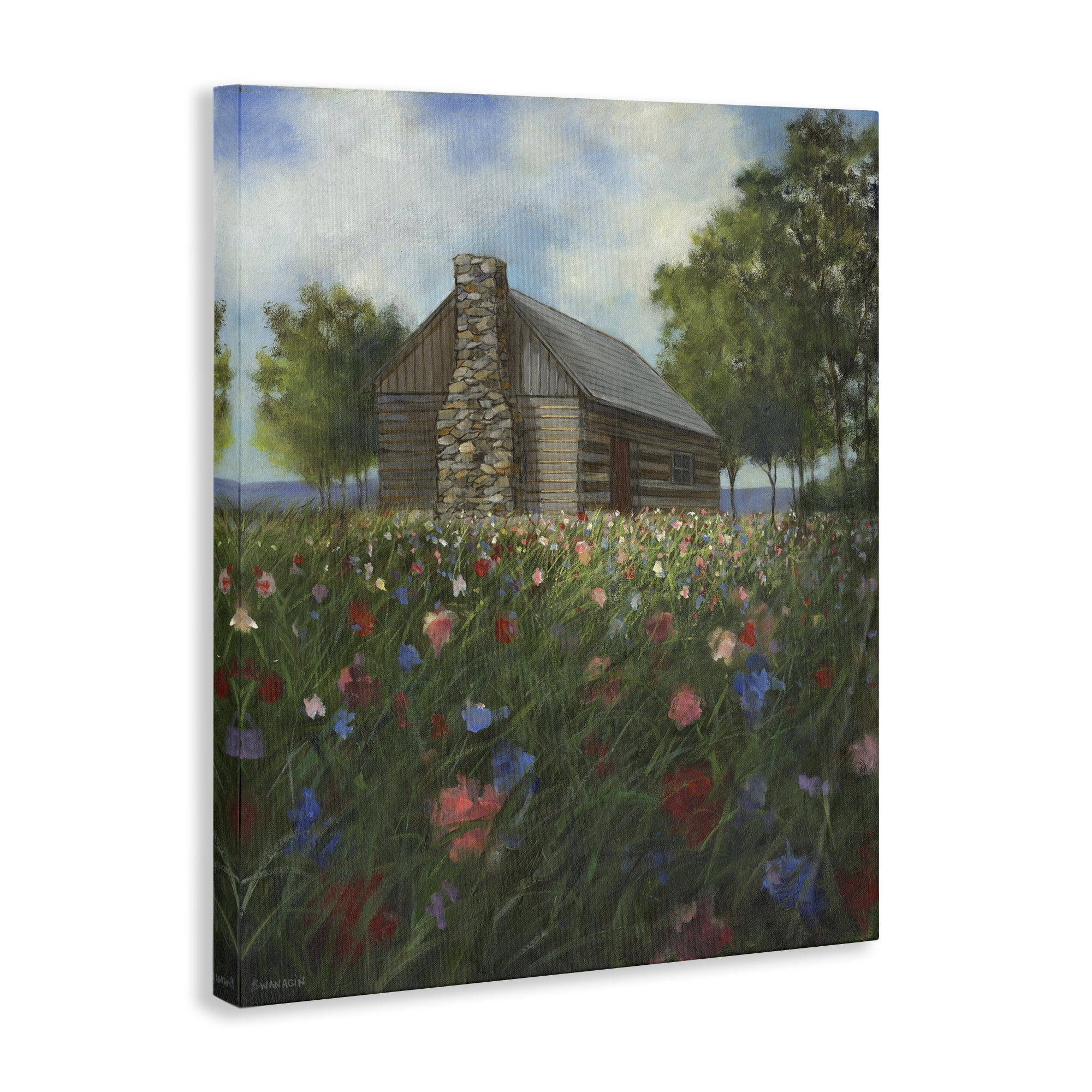 Stupell Industries Log Cabin Meadow Landscape Painting Gallery Wrapped Canvas Art Print Wall Art, 36 x 48
