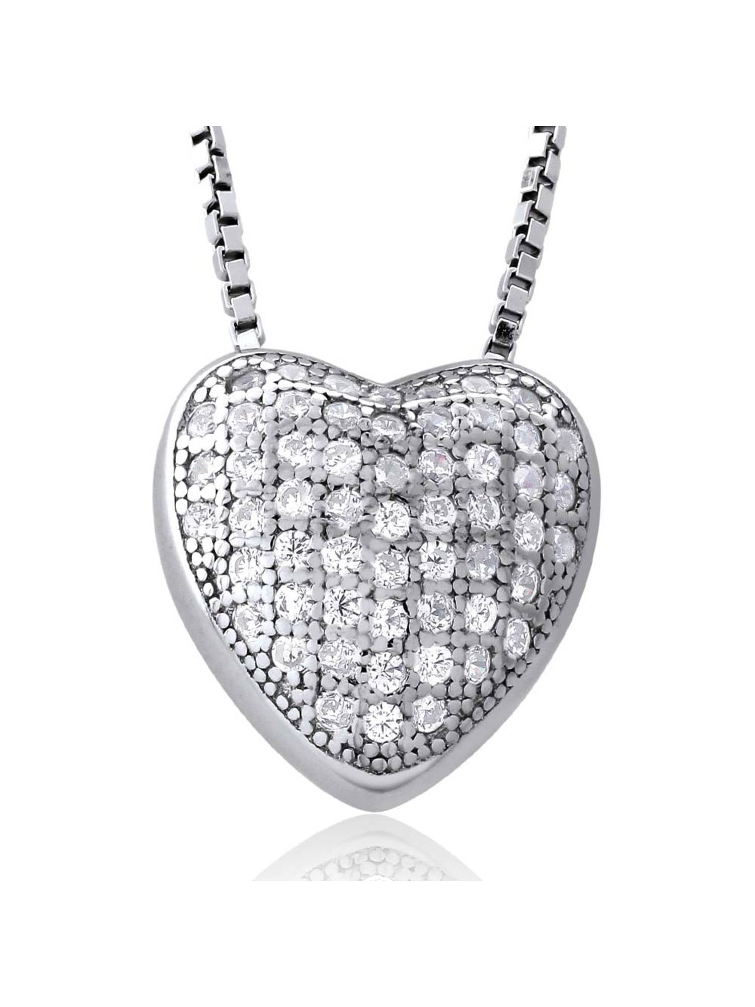 Sterling Silver Set of Earring and Pendant Micropave Heart Shape with 18 inches Silver Chain 