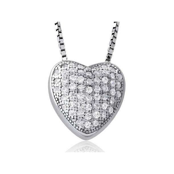 Gem Stone King - Sterling Silver Heart Shape Pendant Necklace Micro Pave Set CZ 1/2 Inch 18 ...