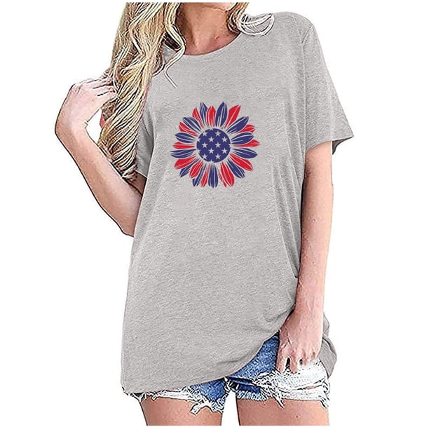 Tops Cortos para Mujeres Bandera de Moda Impresa Cuello Redondo, Camiseta de Manga 3/4 para Uso Diario, Casero Y Cómodo