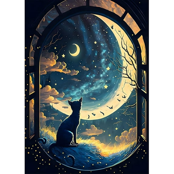 5D DIY Diamond Painting Set "Moon Cat" Round Diamond Art Crafts for Adults, Suitable for Wall Decoration, Bedroom and Home Decoration