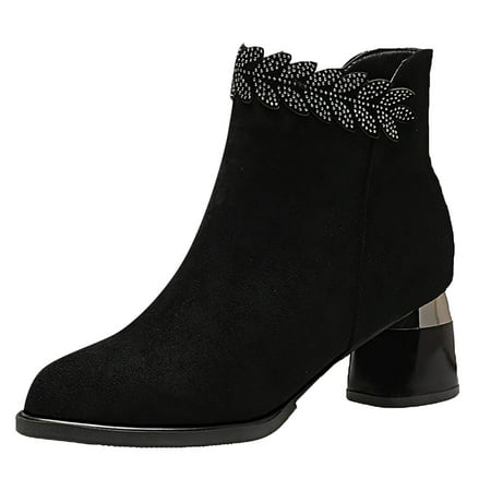 YHGFVOKJ Boots for Women Fashion Flock Square Heels Zipper Low Heel Rhinestone Short Booties Keep Warm Round Toe Shoes Low Heel Boots for Women Black 42