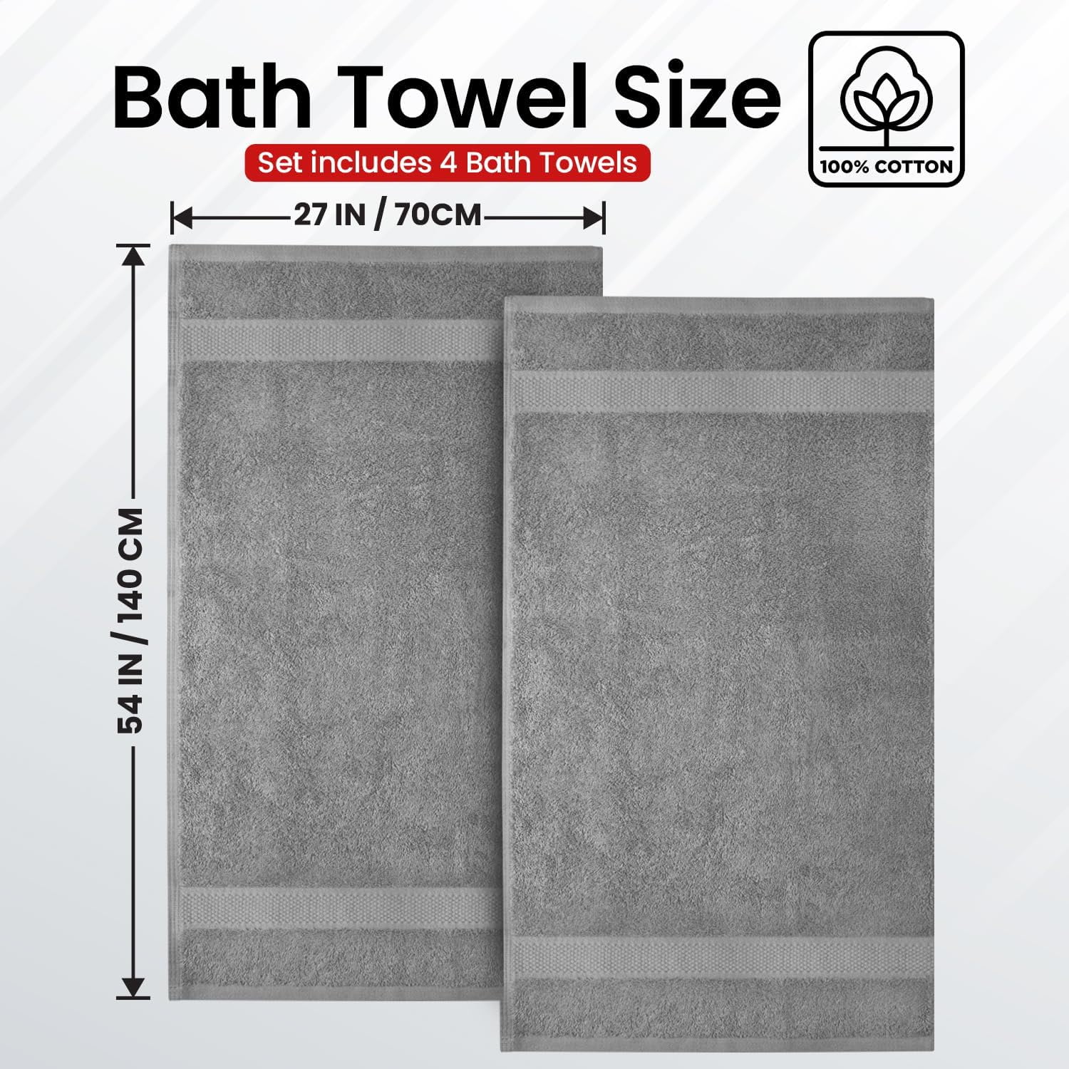 Infinitee Xclusives Premium Light Gray Bath Towels - Pack of 4 - 27 x 54 inches
