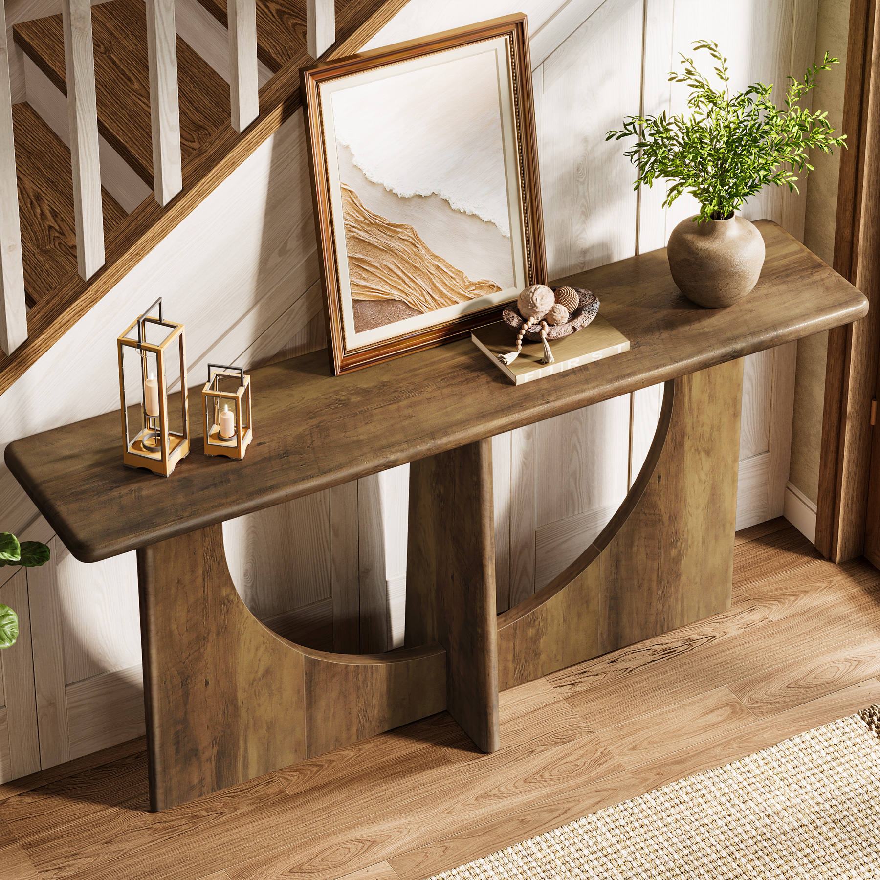 Finmind Wood Console Table, 71-inch Farmhouse Entryway Table with Sturdy Geometric Leg for Living Room, Hallway, Rustic Brown