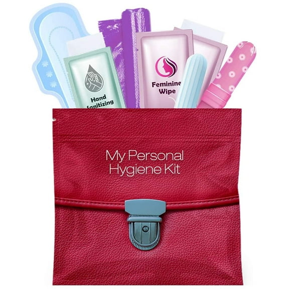 Menstrual Kit All-in-One | Convenience on The Go | Single Period Kit Pack for Travelling, Tweens & Teenagers or Emergency situations | Individually Wrapped Feminine Hygiene Products (Red Purse)