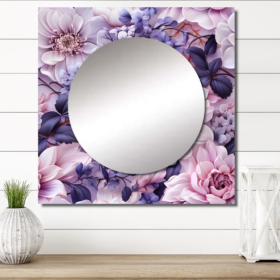 Designart "Ethereal Floral Elegance I" floral Square Mirror For Wall Decor - Large Purple Square Printed Wall Mirror Art - Square Cottage Mirror - Wall Mounted Square Large Mirror
