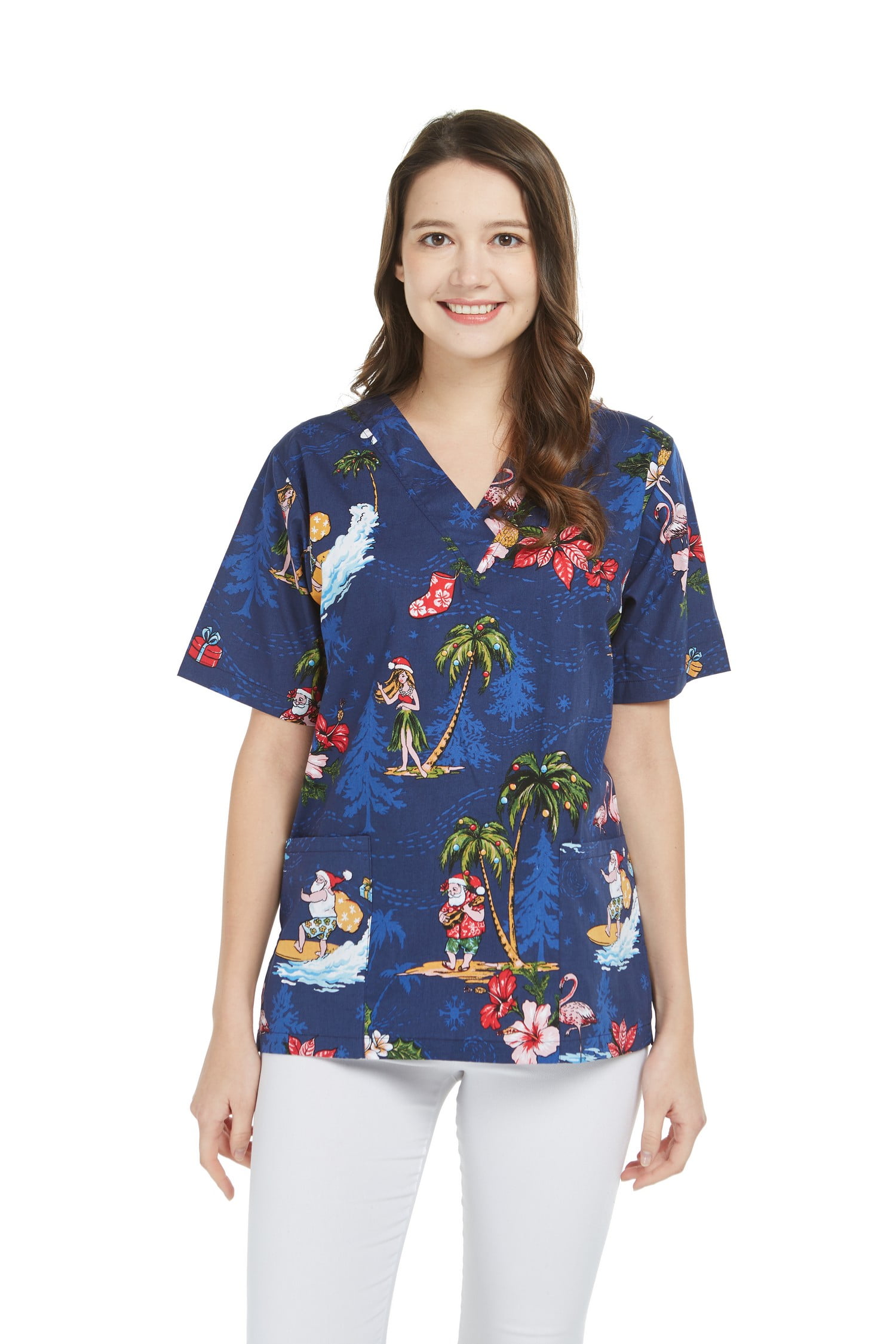 Hawaiian Print Cotton 2 Pockets Scrub Top in Christmas Santa in Hawaii