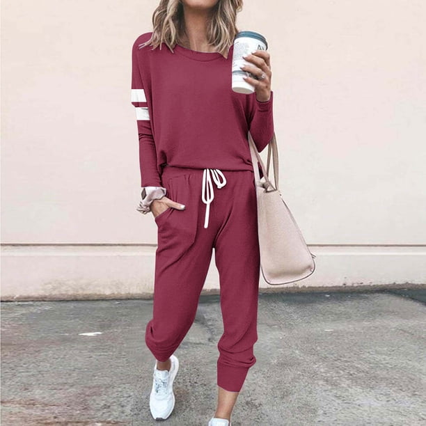 Puntoco Traje Casual Con Cordón Y Cuello Redondo De Manga Larga Con Estampado Holgado A La Moda Para Mujer Borgoña Xxxl