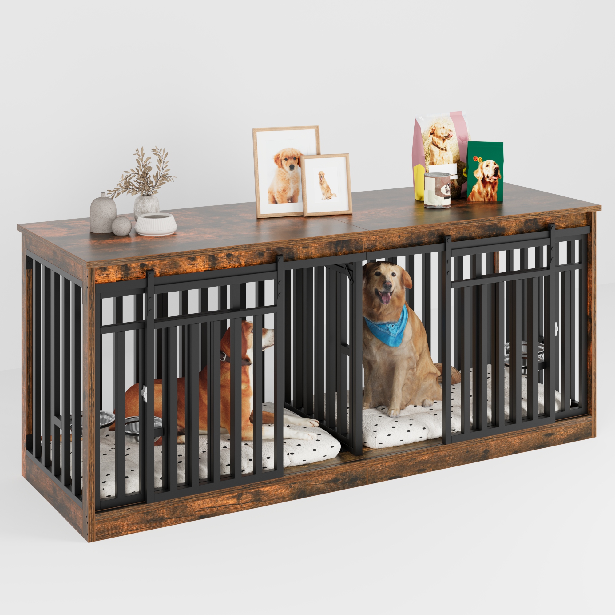 Uforic 71 in Large Double Dog Crate Furniture with 4 Dog Bowl, Wooden Indoor Dog Kennel Cage TV Stand for 2 Dogs Indoor - Rustic Brown