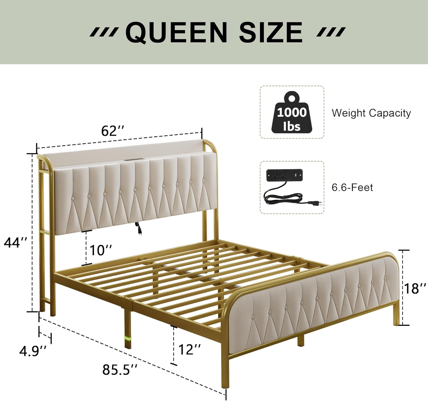 Feonase Velvet Queen Bed Frame with Type-C & USB Port, Metal Platform Beds, with Upholstered Headboard & Footboard, 12" Underbed Storage Space, Easy Assembly, Noise-Free, Gold&Beige
