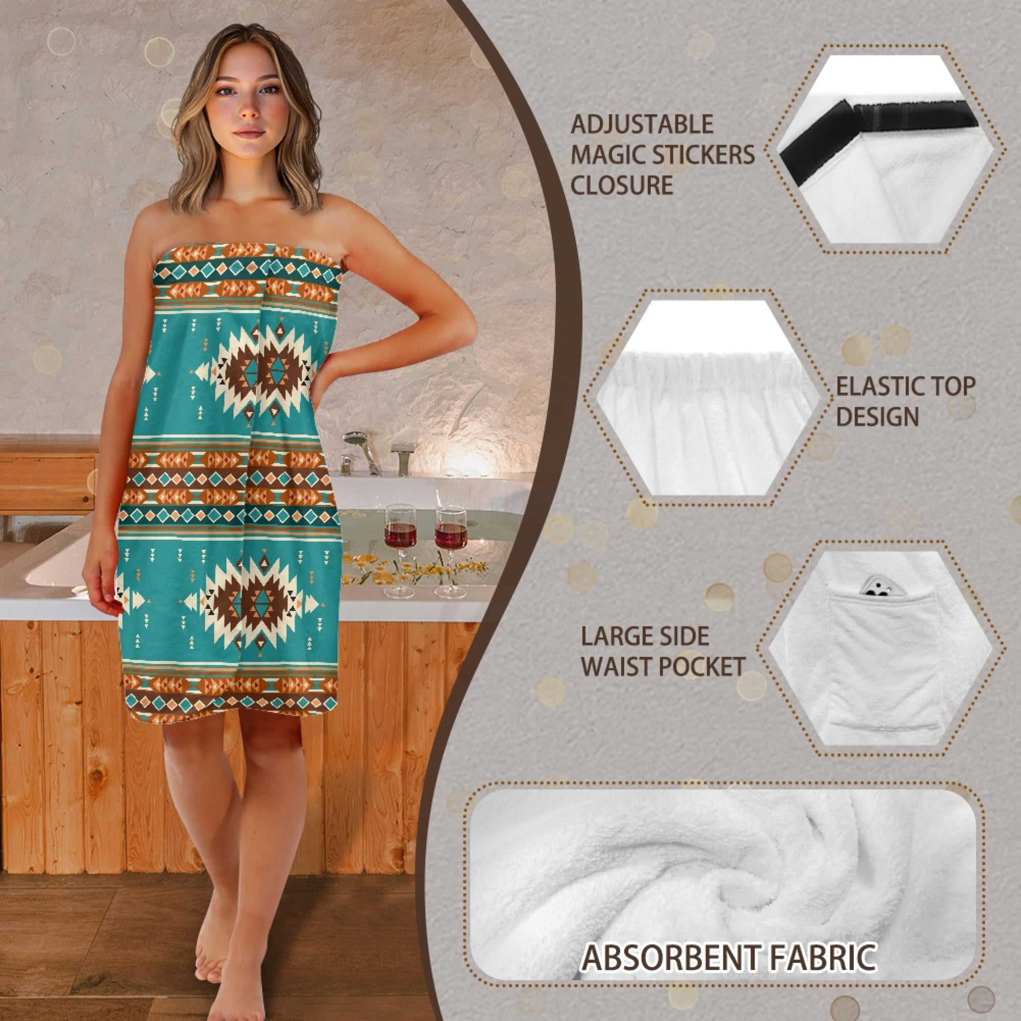 Yuyamidu Aztec Ethnic Gemoetric Body Wrap Towel for Women Lightweight Bath Wrap with Pocket Stretchy Shower Towel Wrap Comfortable Bath Towels Knee Length Bath Sheets Size XL