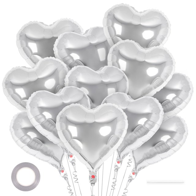 Heart Balloons YOTHORN Silver, papel de aluminio, 18 cm, 12 unidades