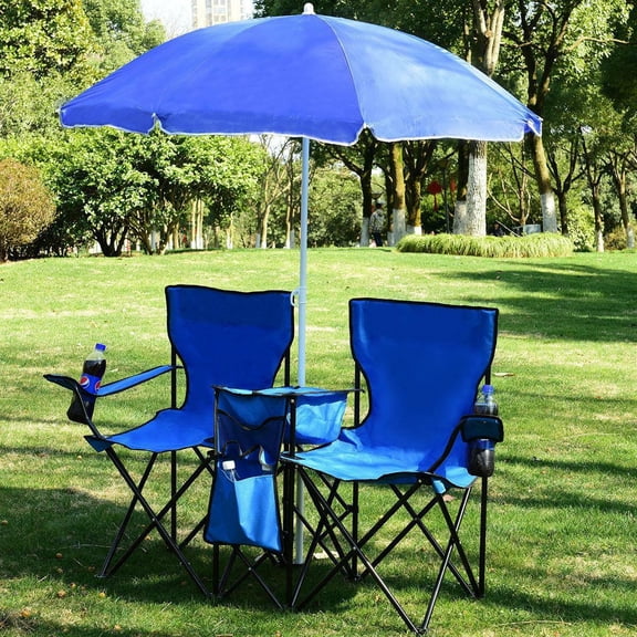 ChicCrest Double Camping Chair, Folding Camp Chair with Removable Umbrella, Cup Holders, Cooler Bag, Side Pocket & Carry Bag, 2-Person Beach Chair for Outdoor, Sports, Concerts, Travel, Picnic (Blue)