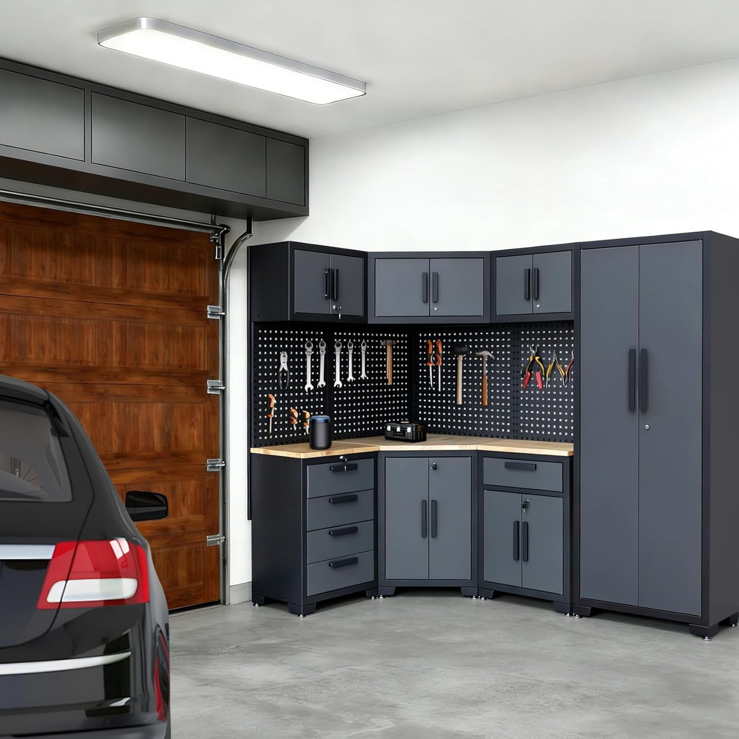 16PCS Garage Storage Cabinet System - Heavy Duty Workshop Set w/Corner Cabinet Includes Workbench, Pegboard & Lockable Drawers | Metal Tool Organization System for Garage/Workshop