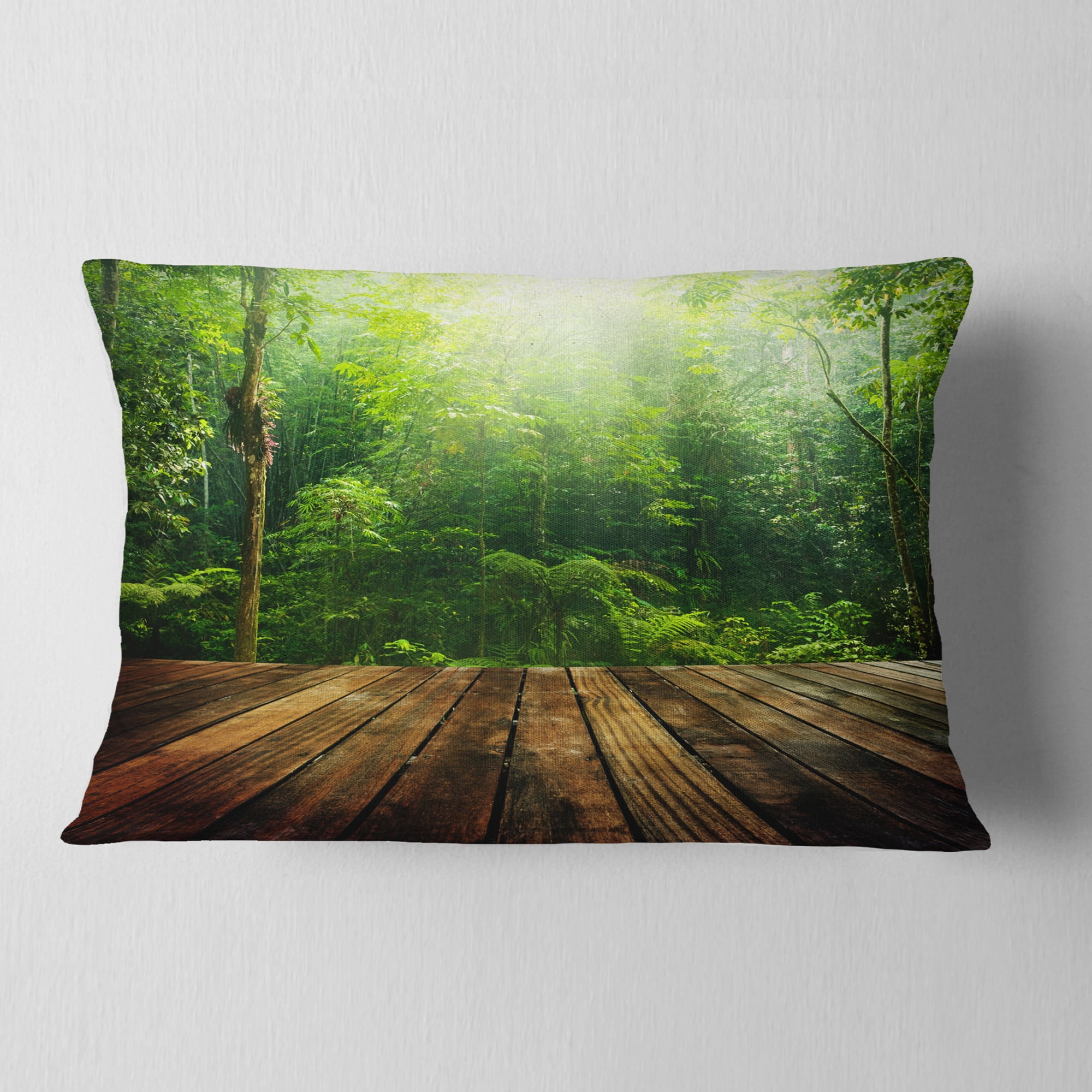 Designart Green Forest with Ray of Light - Landscape Photo Throw Pillow - 12x20
