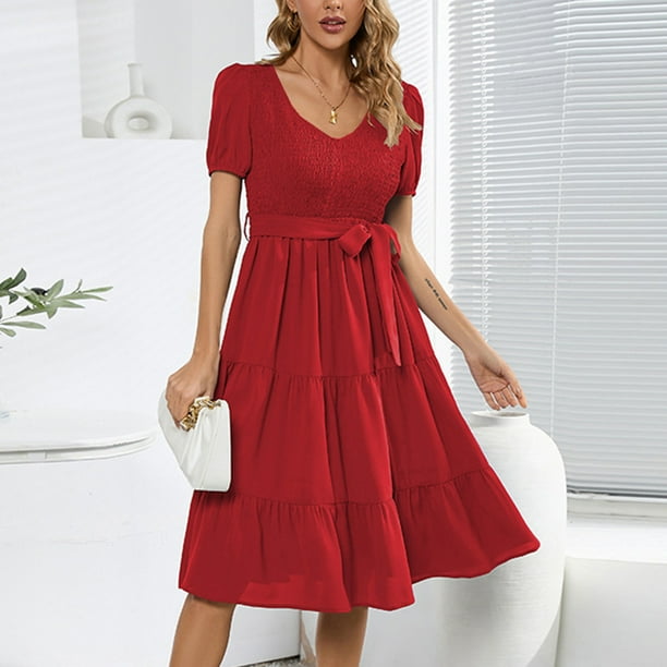 Puntoco Vestido De Manga Corta Con Cuello En V, Vestido De Manga Corta Con Cuello En V De Color Sólido Para Mujer Rojo Xl