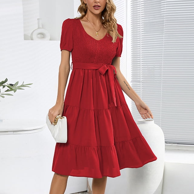 SMihono Robe d'Été Grande Taille pour Femmes 2023 Unie Décontractée Confortable à Col en V Aguichant Polyvalente à Manches Courtes