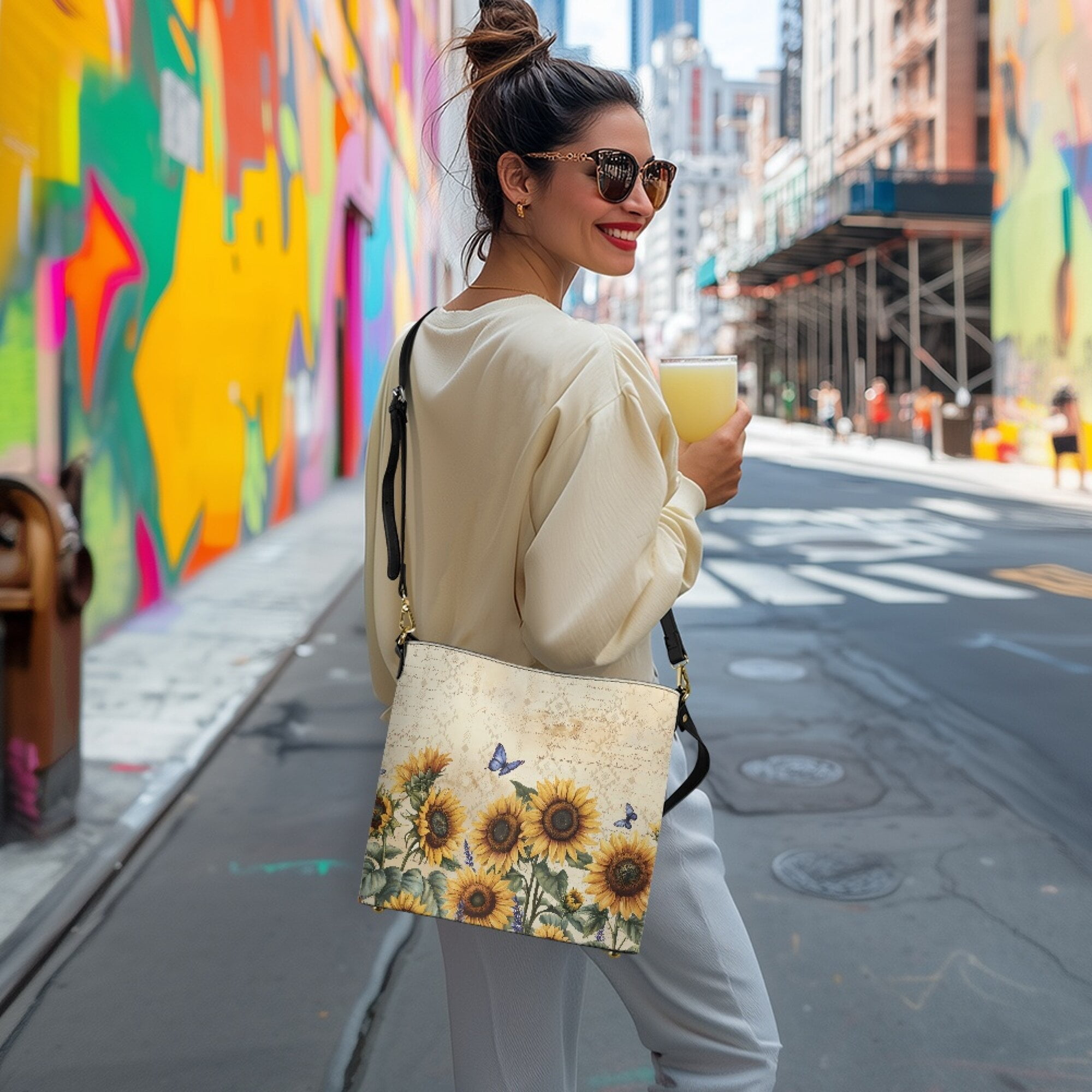 Kuiaobaty Sunflower Butterfly Print Bucket Crossbody Bag for Women, Large Capacity Vegan Leather Shoulder Purse with Adjustable Strap, Multi Pocket Hobo Satchel Purse Crossbody for Travel