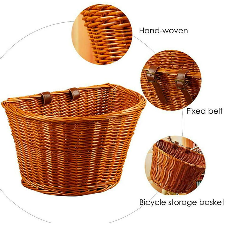 Yirtree Wicker Front Handlebar Bike Basket, Hand-Woven Folk Craftsmanship Bicycle Handlebar Storage Basket Bike Cargo Storage Container with Leather
