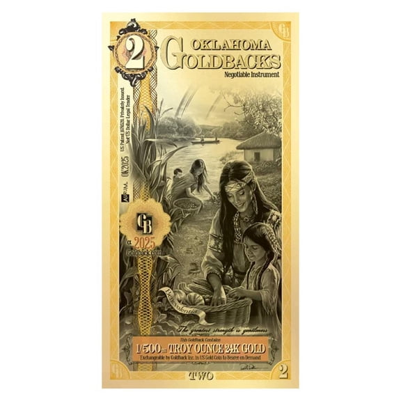 2 Oklahoma Goldback 1/500 oz 24K Gold Foil Aurum Note