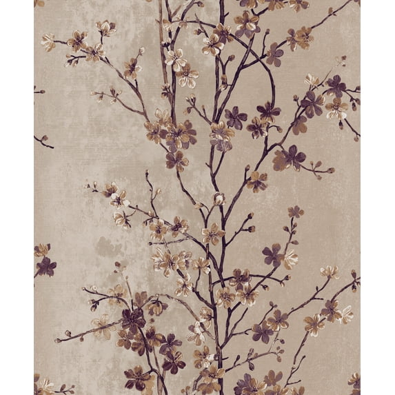 Dundee Deco Wallpaper Roll - Floral Dark Mauve, Tan, Beige Flowers on Tree, 21 in x 33 ft