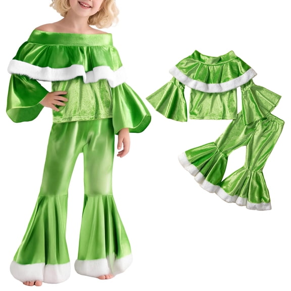 Girl Elf Outfit Long Sleeve Girls Top and Flare Pants Sets Party Dress Up Christmas Toddler Girl Outfit 7-8 Years