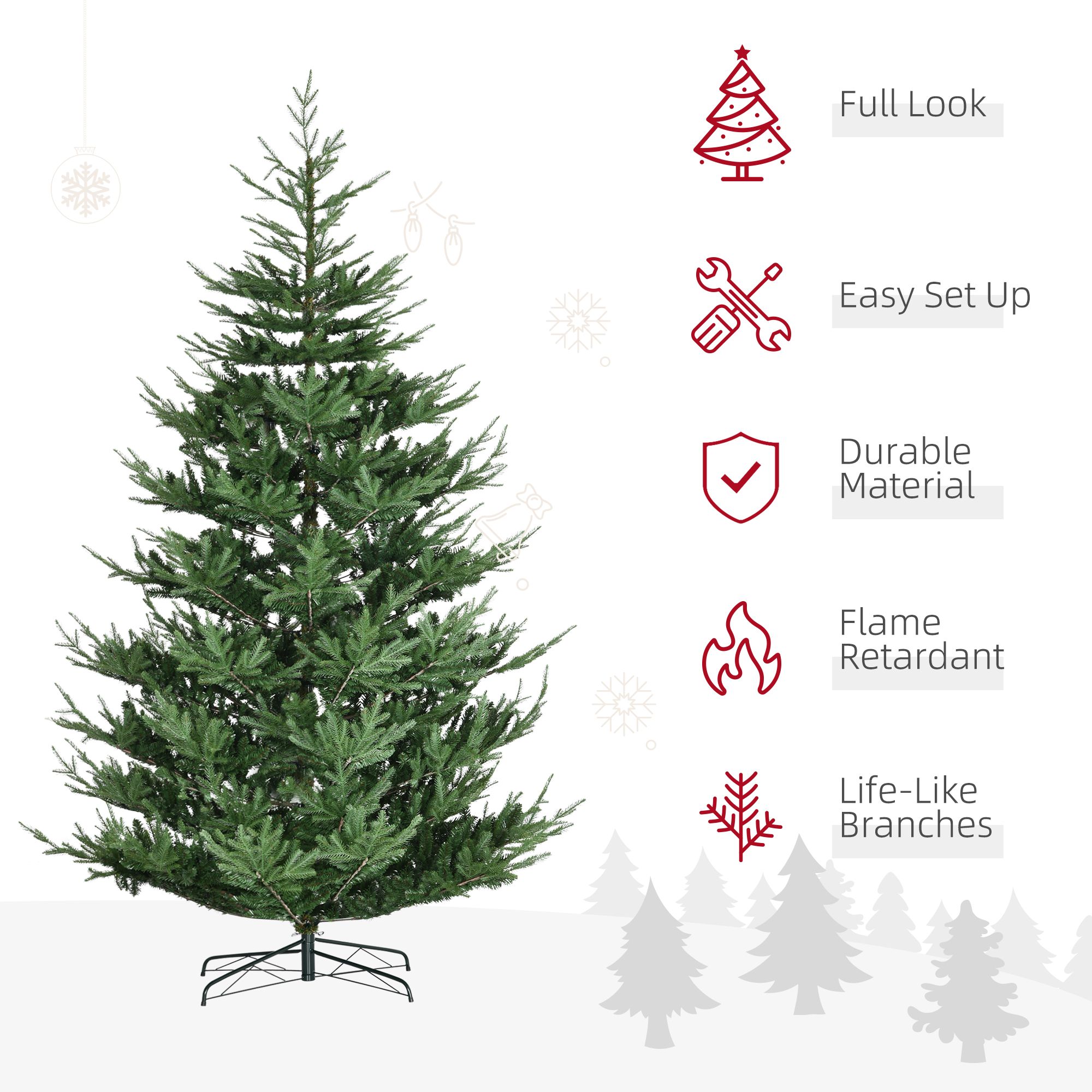9 ft Artificial Christmas Tree, Pine Hinged Xmas Tree with 1939 Realistic Branches, Steel Base, Auto Open, 59.1 in Diameter, 106.3 in Height, Indoor Use