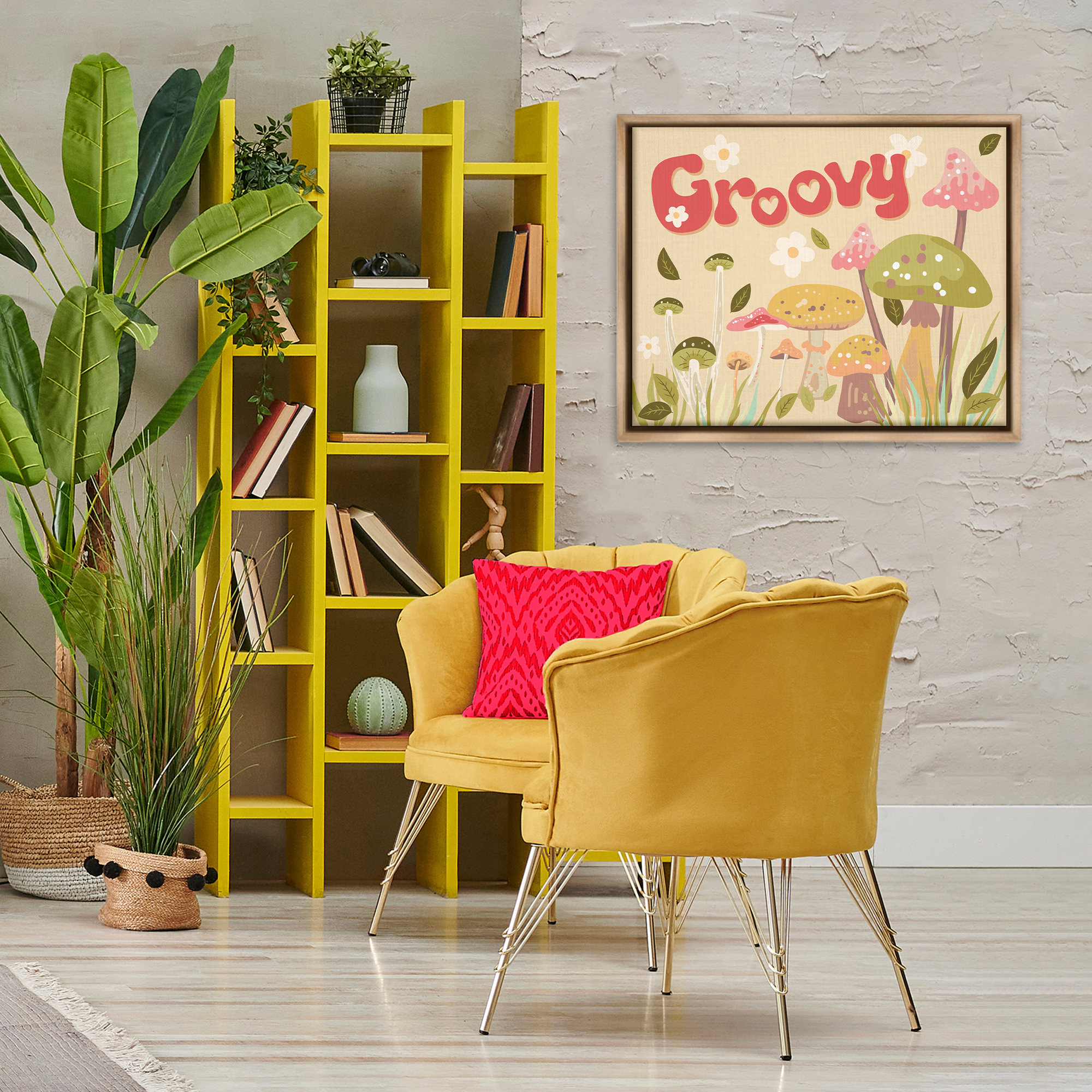 Stupell Industries Groovy Botanical Mushrooms Botanical & Floral Painting Brown Floater Framed Art Print Wall Art, 31 x 25