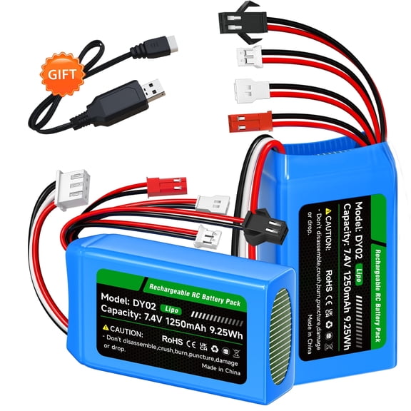 7.4V Lipo Battery 1250mAh 2S 25C Rechargeable Battery with JST/PH2.0/SM2.0/MX2.0 Plug for SCX24 CR18P FCX18 FCX24 RC Crawler WLtoys A949 A959 A969 A979 K929, 1/16,1/18,1/24 Scale RC Car,Boat(2 Pack)