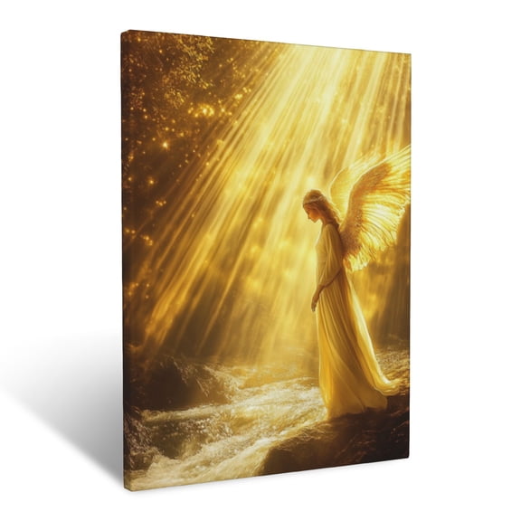 CozyNet A Radiant Angel Standing By A Glowing Stream Under Golden Beams Wall Art Prints With Frame Canvas Perfect for Living Room & Bedroom, Ready to Hang, Wall Decor 12"x16"