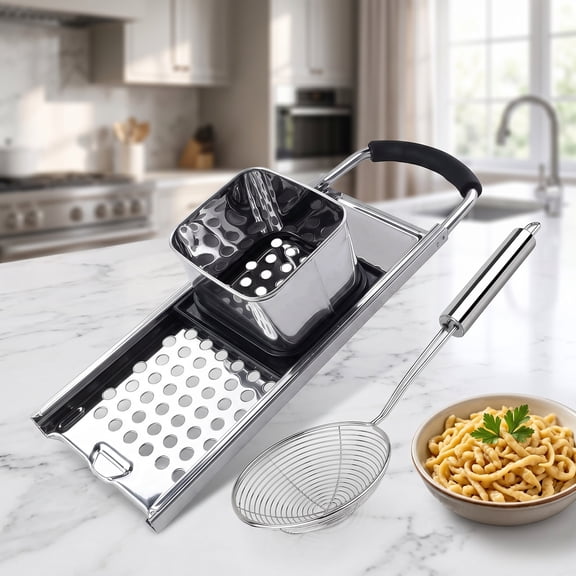 Premium Grade Stainless Steel Spaetzle Maker with Comfort Grip Handle, Stainless Steel Spider Strainer Skimmer Spoon Pasta Strainer, Homemade German Egg Noodle Dumpling Making Tool Set